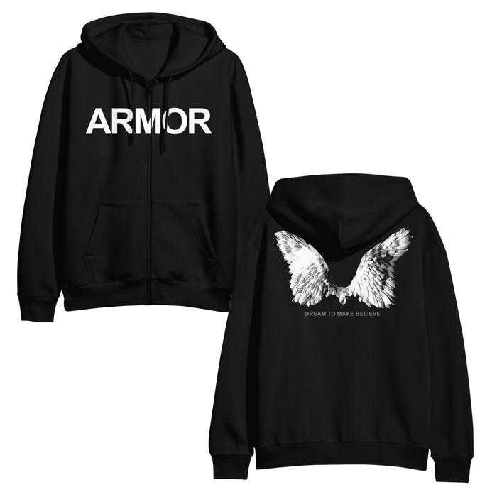 Black zip-up hoodie by Armor For Sleep with ARMOR in bold white on the front, large white angel wings on the back, and DREAM TO MAKE BELIEVE text underneath.
