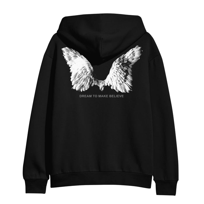 Armor For Sleep black hoodie featuring large, detailed white angel wings graphic on the back with DREAM TO MAKE BELIEVE printed below in white text.