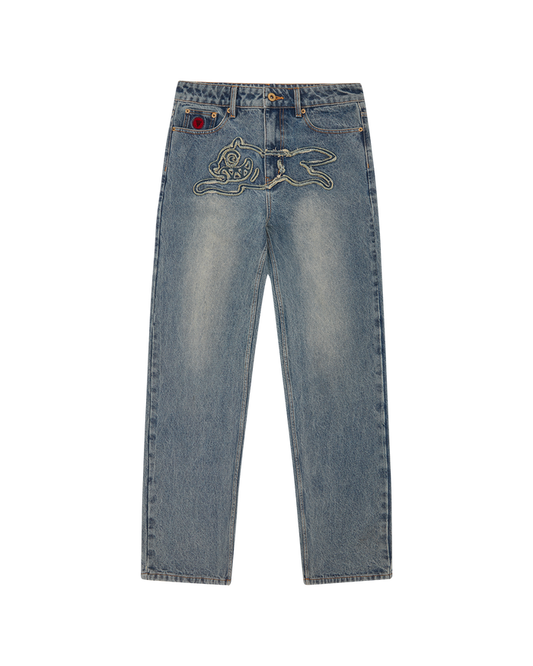 WOMENS DISTRESSED RUNNING DOG DENIM PANTS