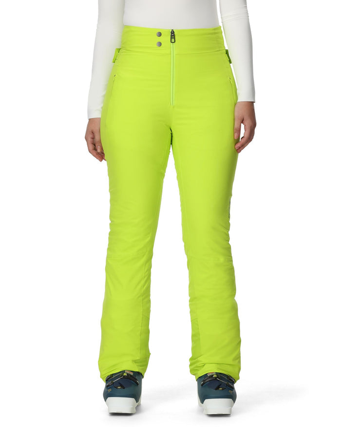 Bright green ski pants worn by a person on a white background