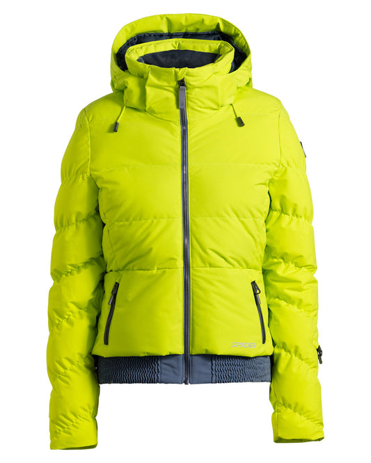 Yellow puffer jacket with a hood on a white background