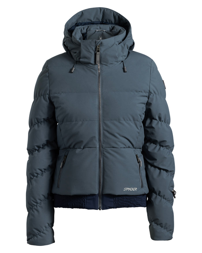 Blue puffer jacket with a hood on a white background