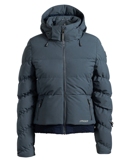 Blue puffer jacket with a hood on a white background