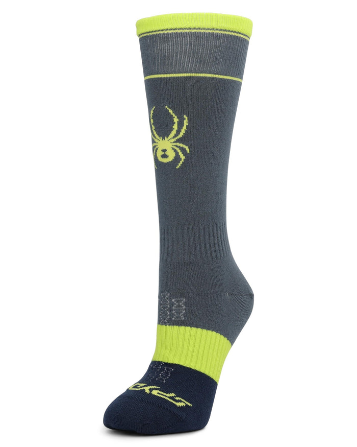 Light grey and lime green ski sock on a white background.