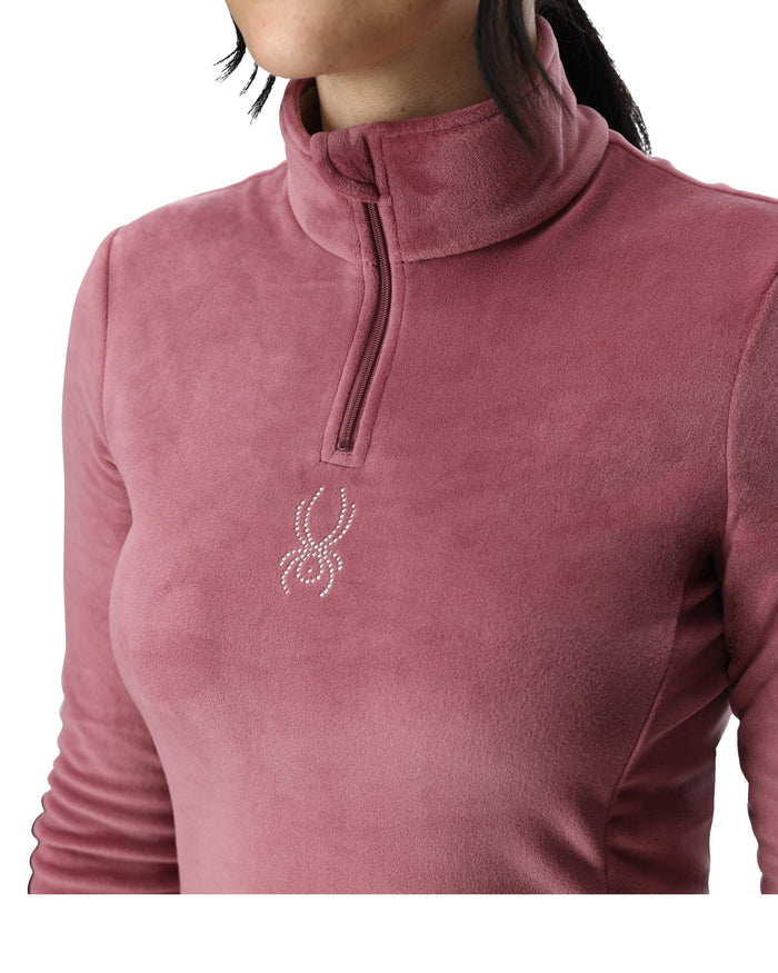 Pink fleece pullover with a logo on a white background