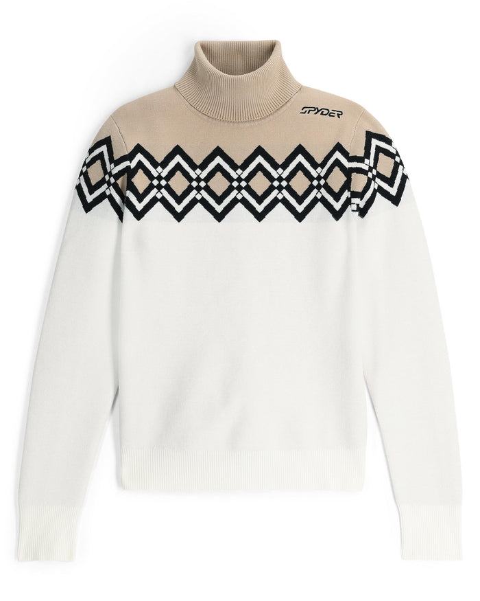 White sweater with geometric pattern and beige collar on a white background