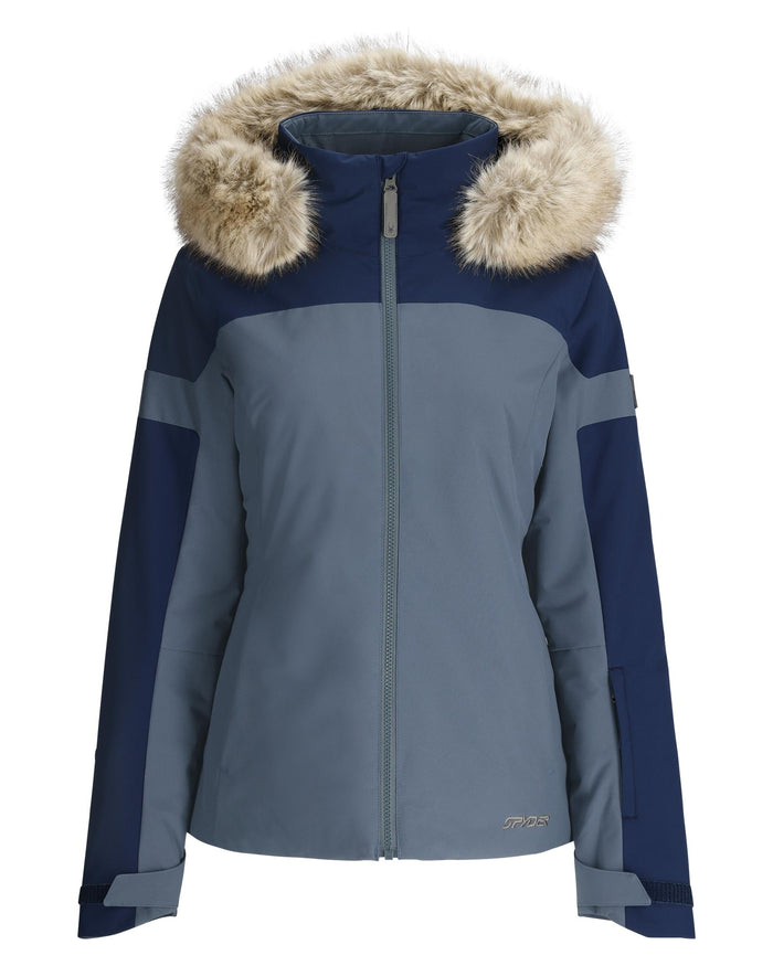 Two-tone blue and gray jacket with fur-lined hood on a white background
