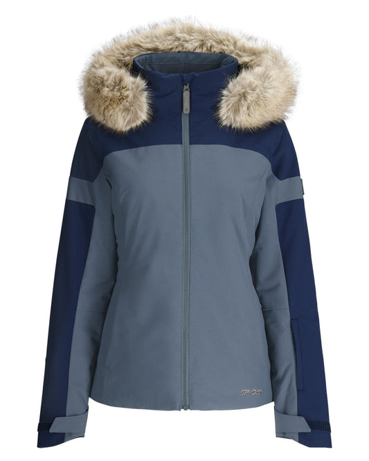 Two-tone blue and gray jacket with fur-lined hood on a white background