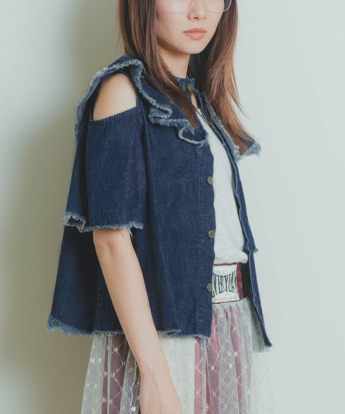 Work Denim Ruffled Blouse(LADIES)
