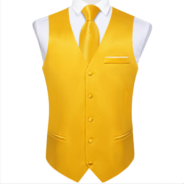 Yellow Solid Satin Waistcoat Vest Tie Handkerchief Cufflinks Set-MJ-0632 - SimonVon Shop