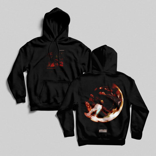 Two black Boundaries Pullover Hoodies on a gray background. The front has a small red graphic and logo, while the back displays a large circular image with dynamic, blurred figures and text at the bottom.