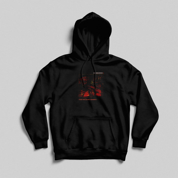 A black Boundaries Pullover Hoodie with a red graphic design and text on the chest, featuring durable cover-stitching, displayed on a plain light gray background.